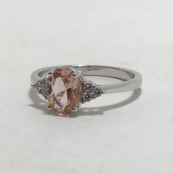 Sterling Silver Ring Size 7 Simulated Morganite Peachy Pink CZ 6x8mm Stone - Picture 5 of 12